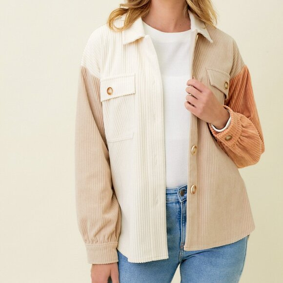 MYSTREE Colorblock Corduroy Shacket, Neutral Beige Cream Camel Button-Up Jacket - Picture 1 of 7